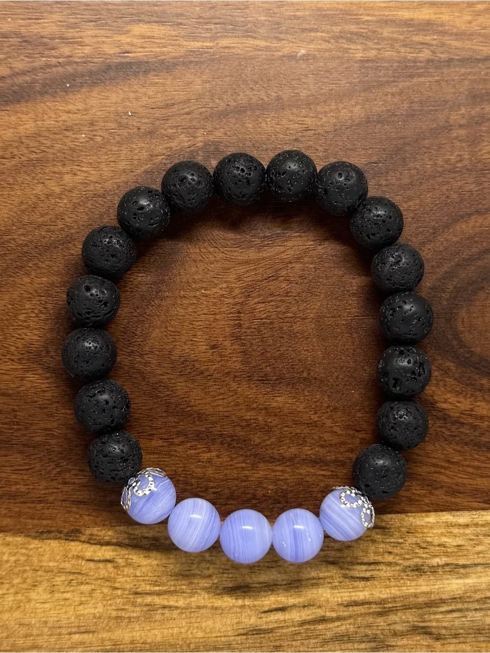✨ Handmade Blue Lace Agate & Lava Stone Stretch Bracelet ✨